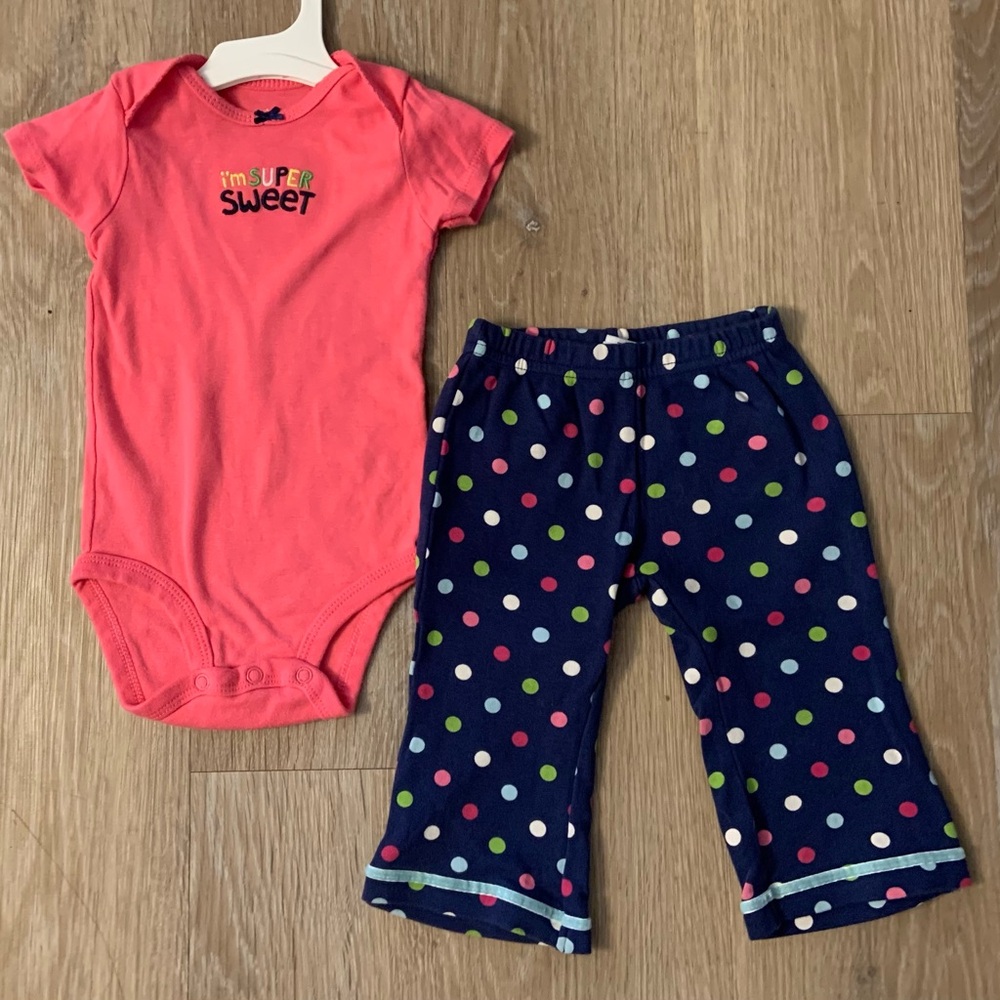 Carter's Girl's Size 9 Months Pink Navy Polka Dot 2 Piece Pant Outfit